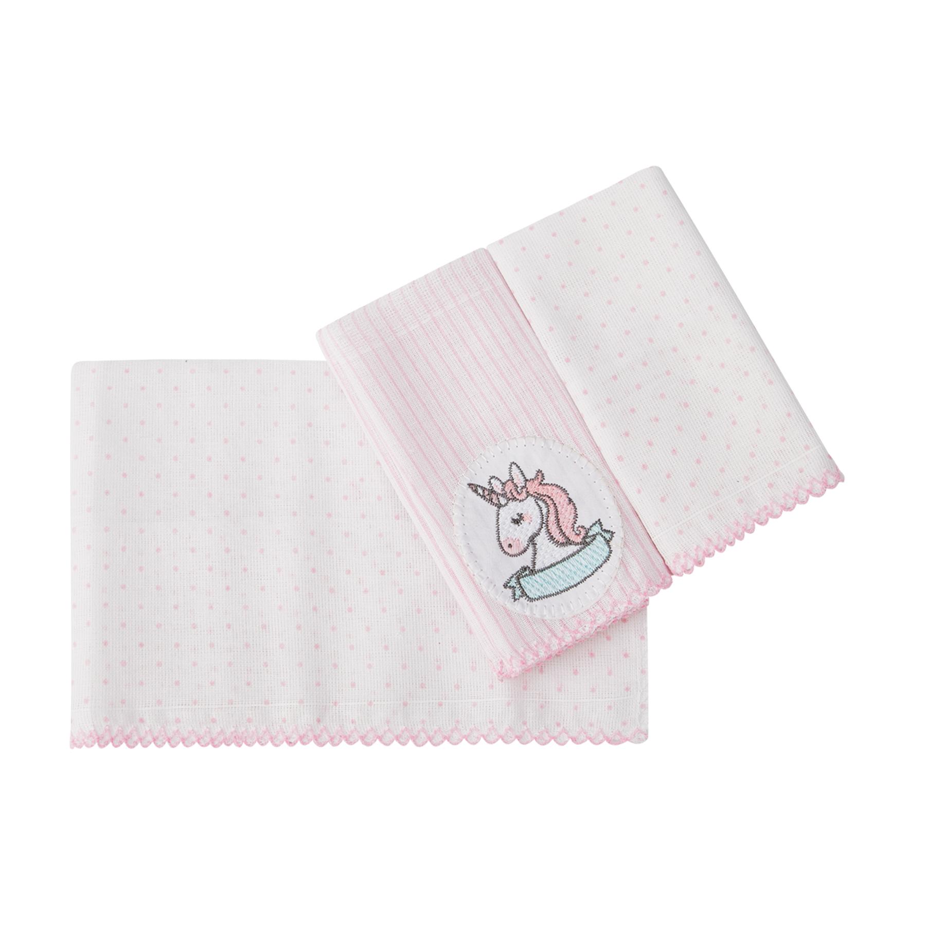 Jogo De Paninhos De Boca Poá e Unicórnio Branco e Rosa Claro - 3 Unidades