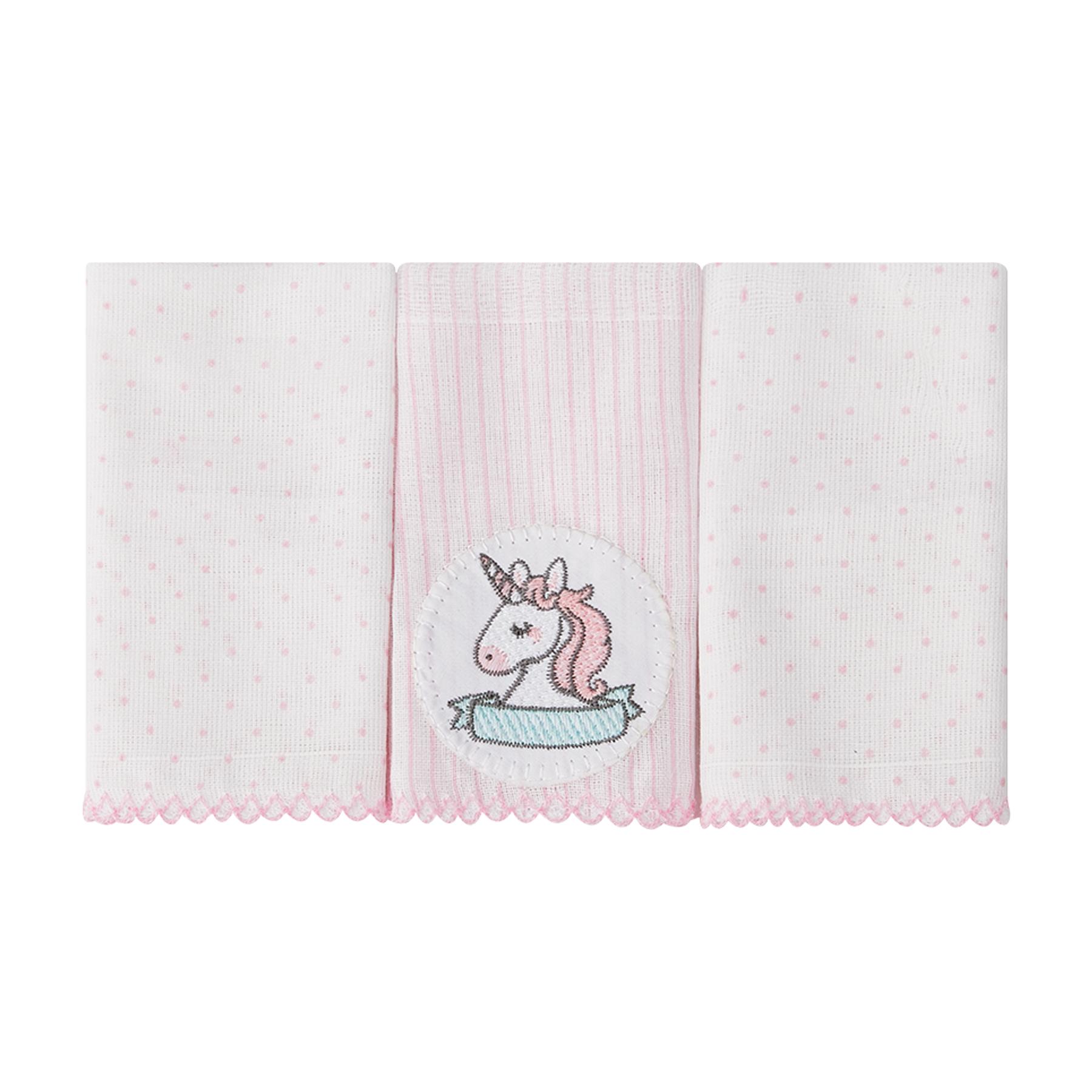 Jogo De Paninhos De Boca Poá e Unicórnio Branco e Rosa Claro - 3 Unidades