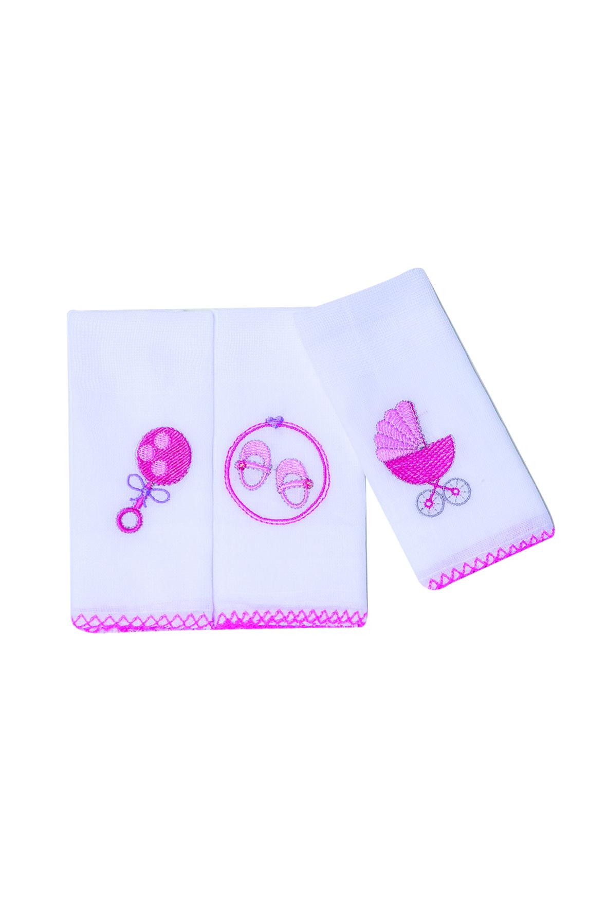 Jogo De Babetes Bordados Branco e Pink - 3 Unidades