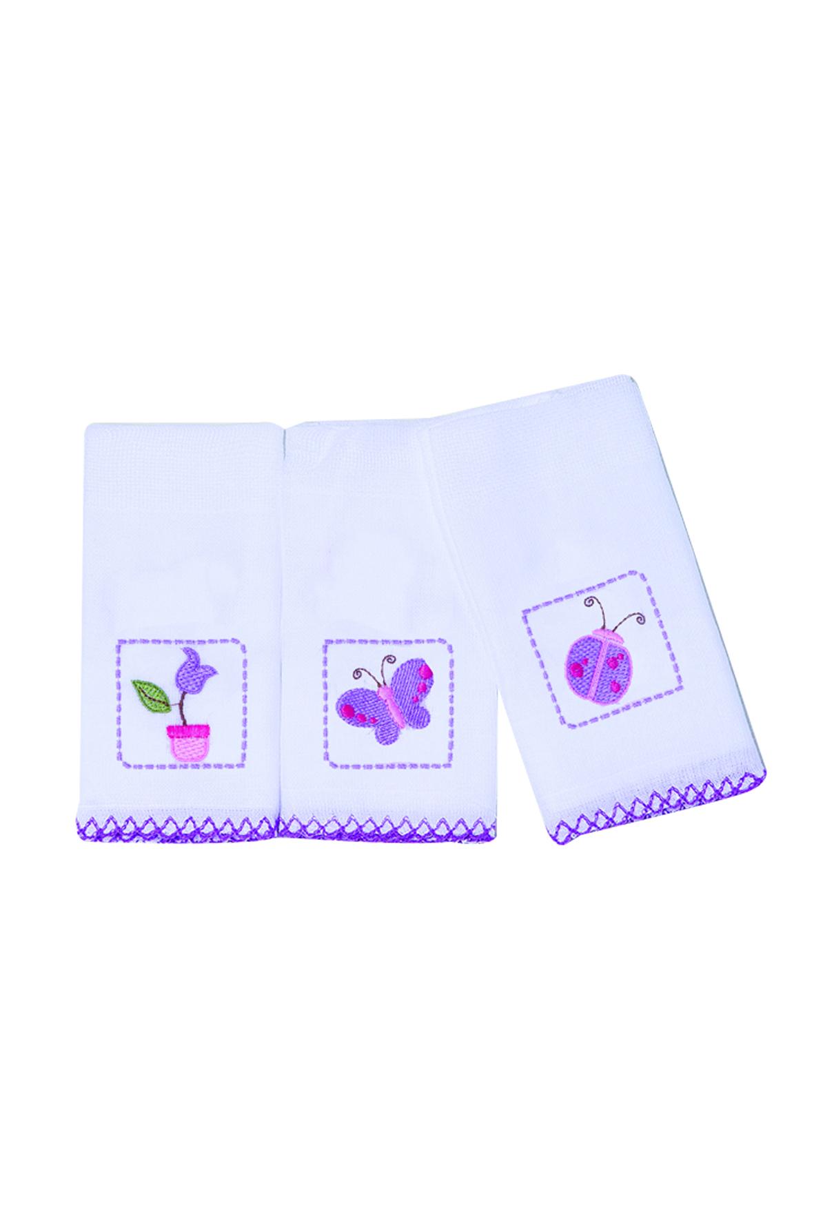 Jogo De Babetes Bordados Branco e Roxo - 3 Unidades