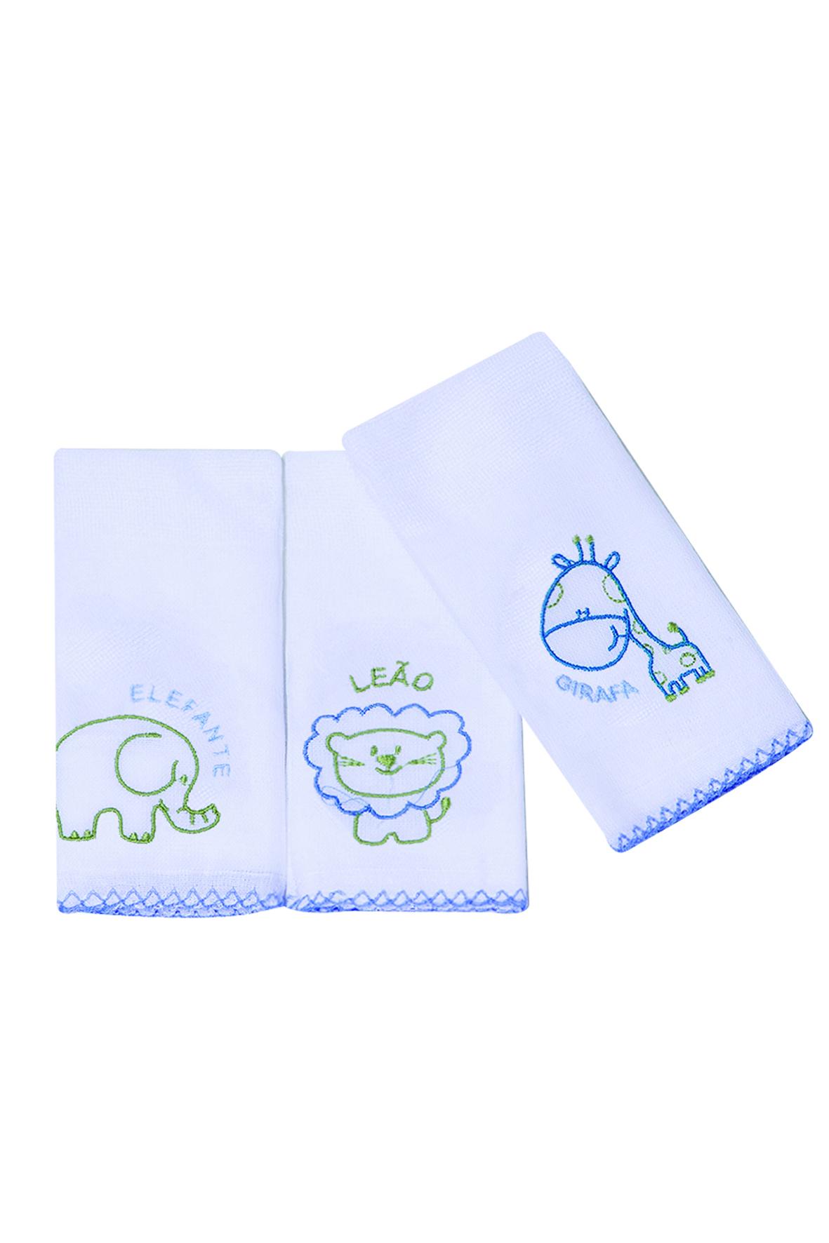 Jogo De Babetes Safari Bordados Branco e Azul Royal - 3 Unidades