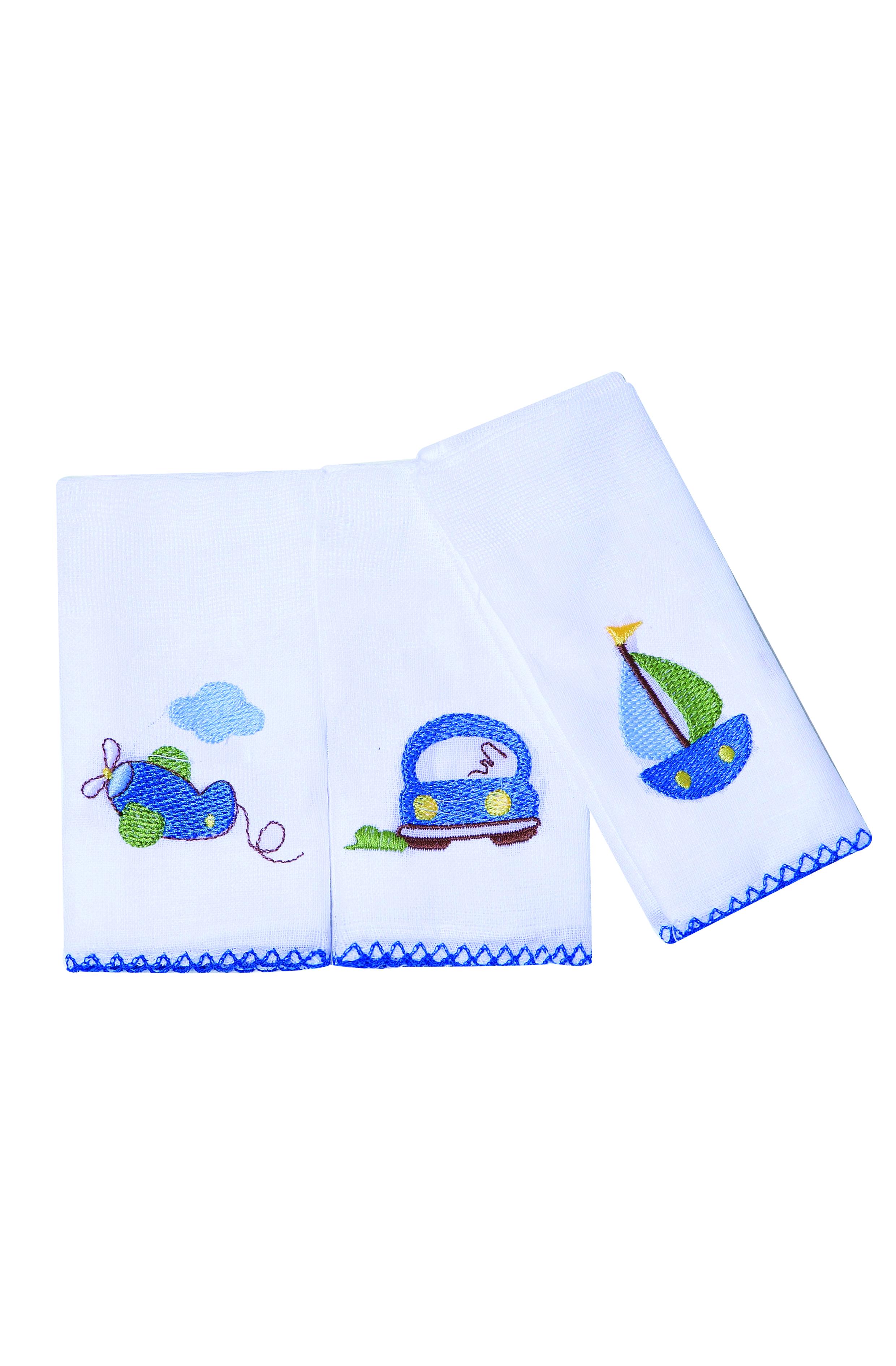 Jogo De Babetes Bordados Branco E Azul Royal - 3 Unidades