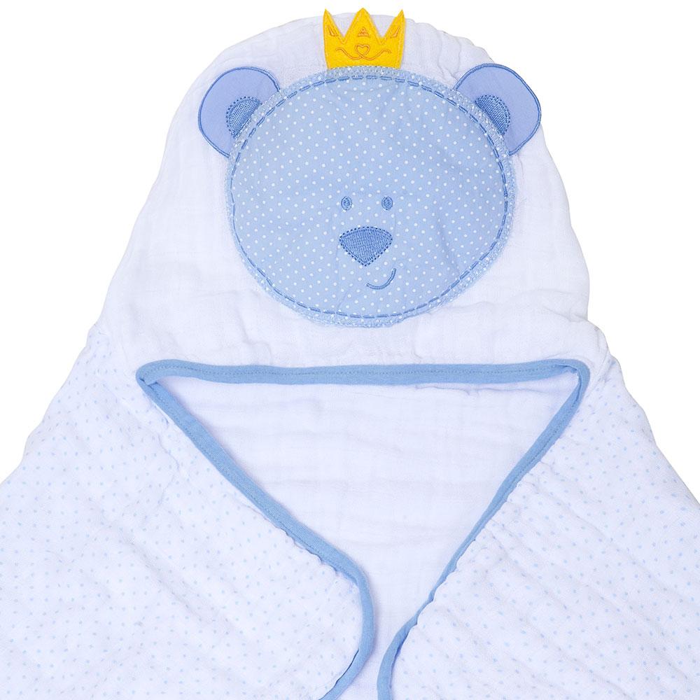 Toalha De Banho Com Capuz Soft Bordado De Urso Branca e Azul Claro