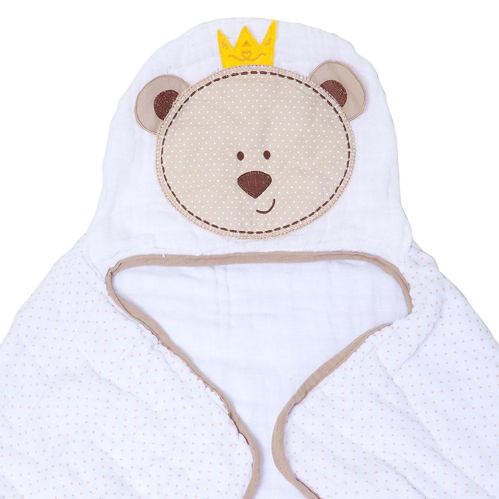 Toalha De Banho Com Capuz Soft Bordado De Urso Branca e Bege