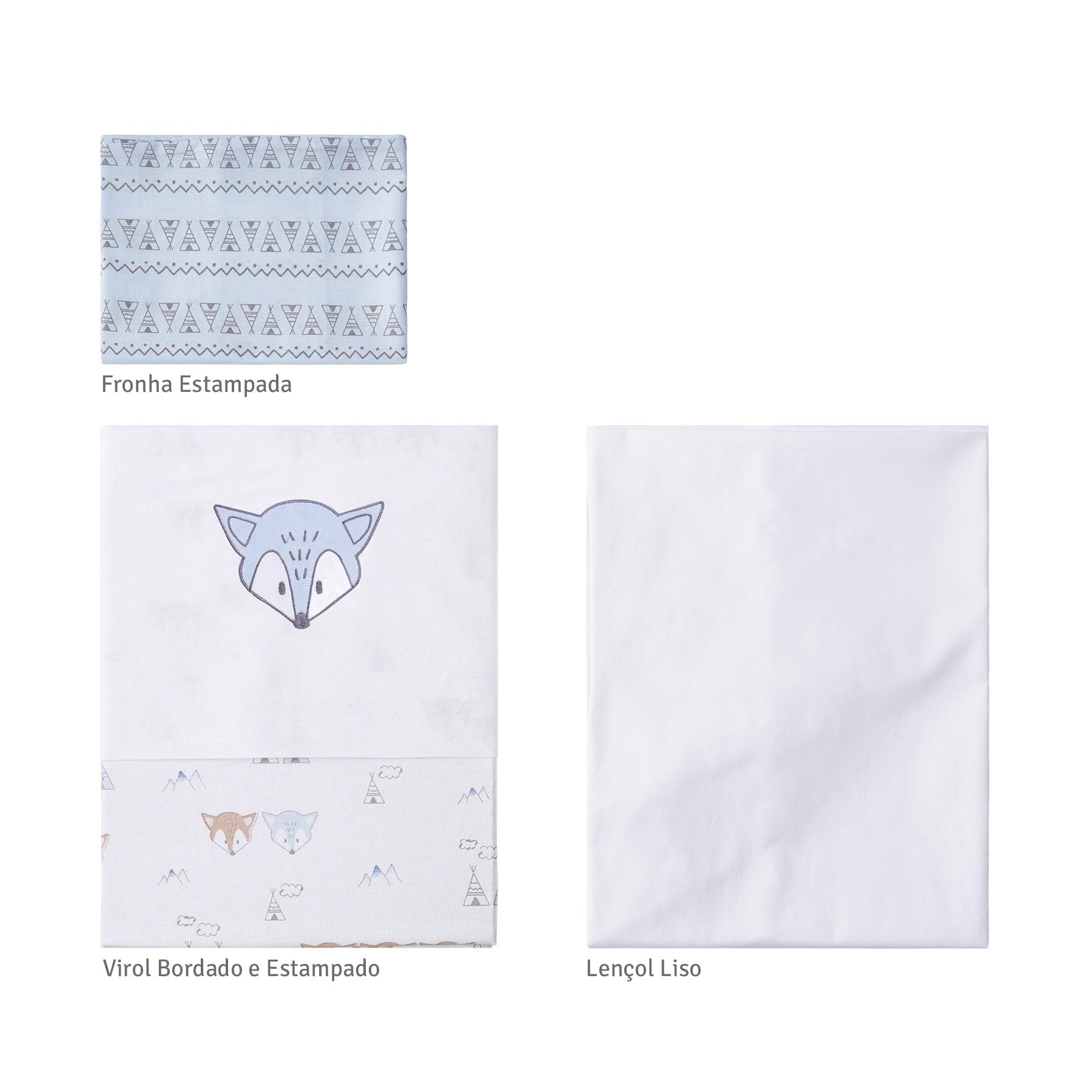 Jogo De Berço Padrão Americano Raposas Branco e Azul Claro - 3 Peças