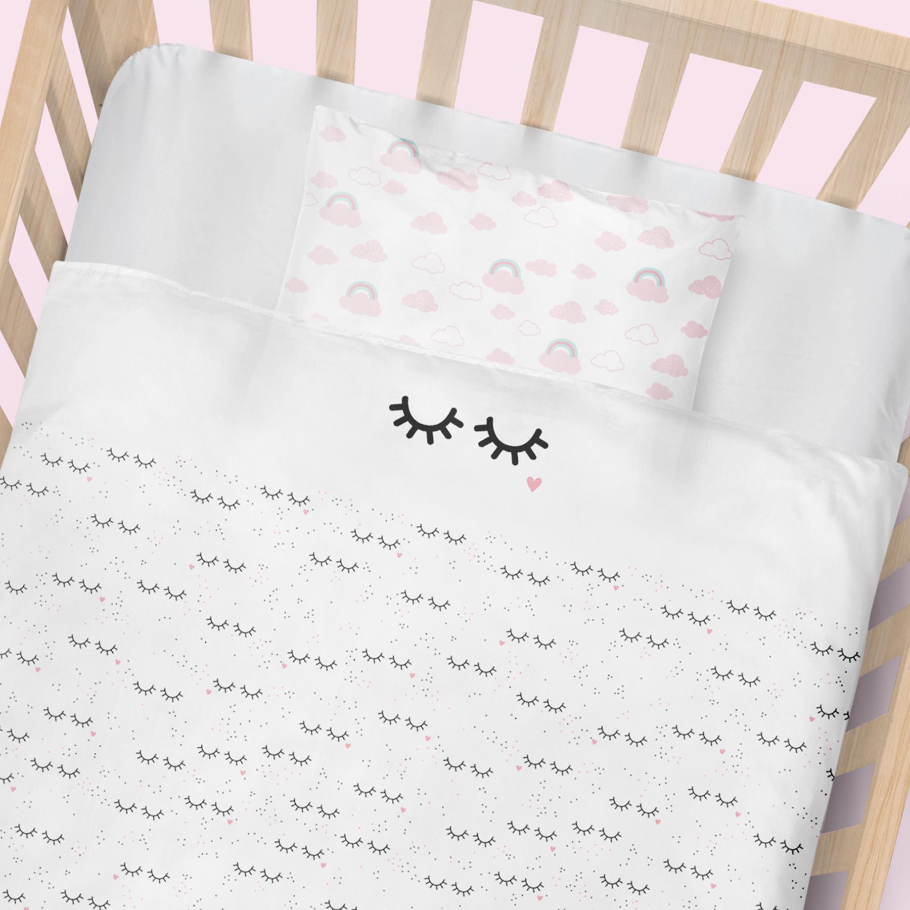 Jogo De Berço Padrão Americano Cílios Branco e Rosa Claro - 3 Peças