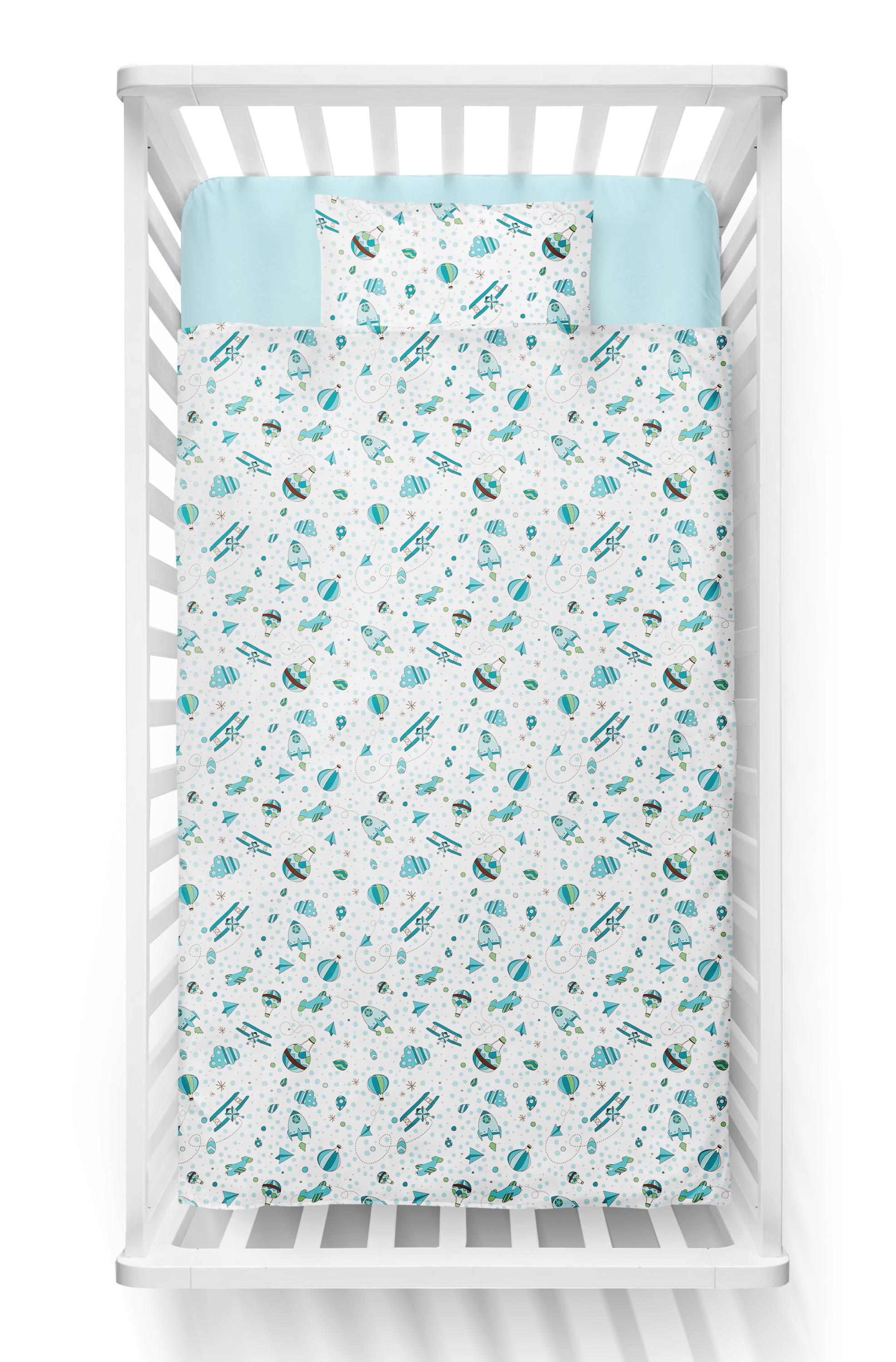 Jogo De Berço Padrão Americano Foguete Branco e Verde Água - 3 Peças