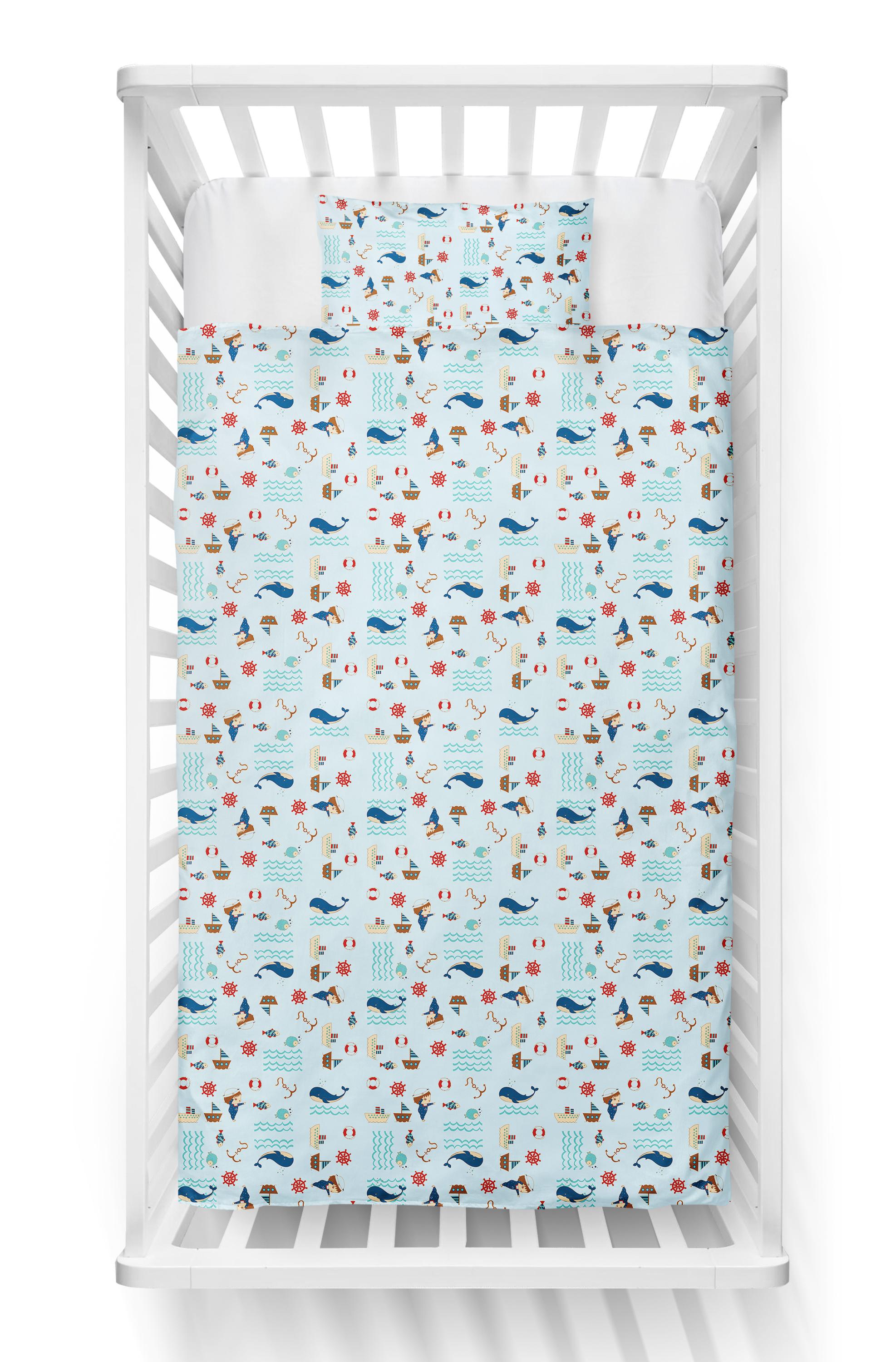 Jogo De Berço Padrão Americano Baleias Branco e Azul Claro - 3 Peças