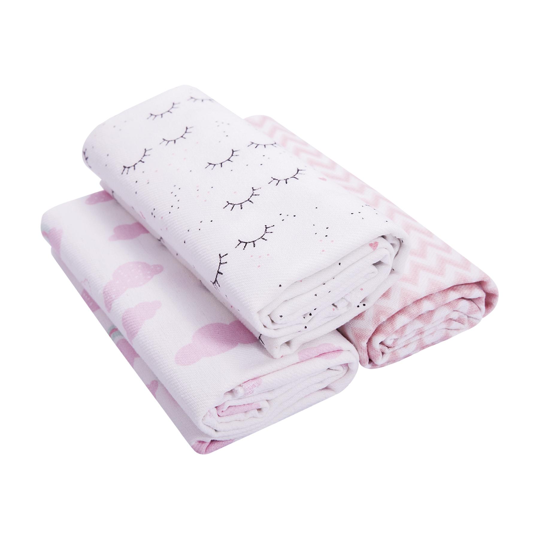 Cueiro Flanelado Estampado Branco e Rosa Claro Cílios- 3 Unidades