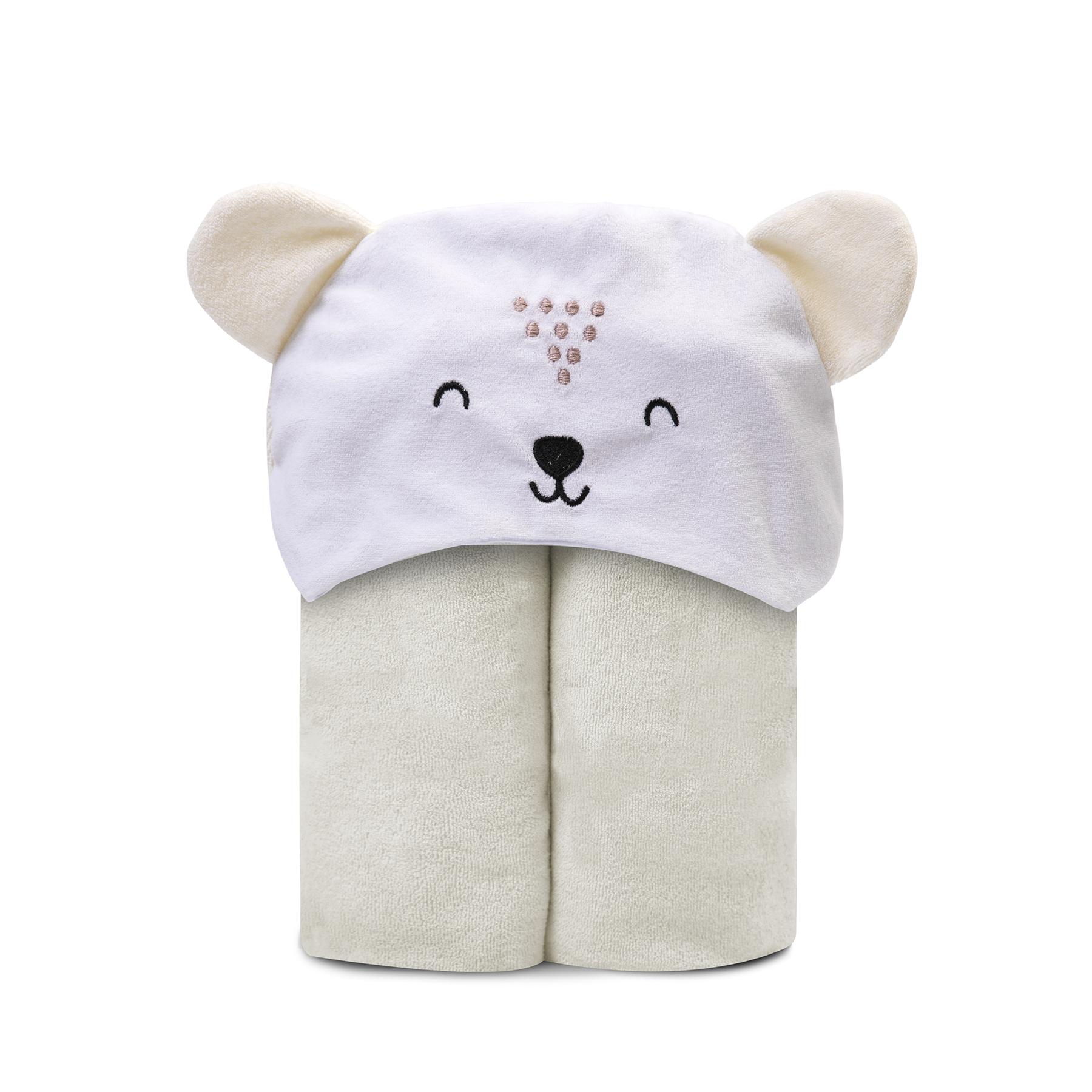 Toalha De Banho Com Capuz Bichus Ursinho Bege Claro e Branco