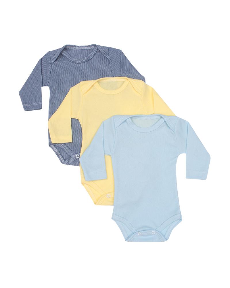 Kit De Bodies Canelado Cinza, Amarelo Claro e Azul Claro - 3 Unidades