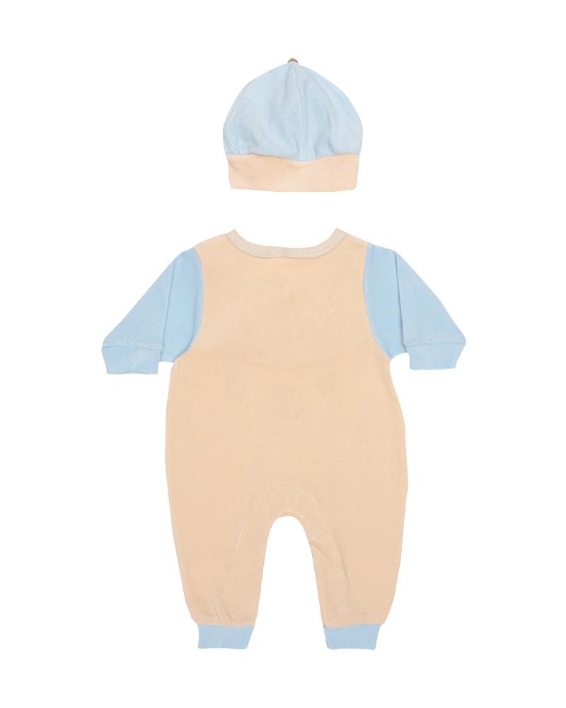 Macacão Raposa Em Plush Com Touca Bege e Azul