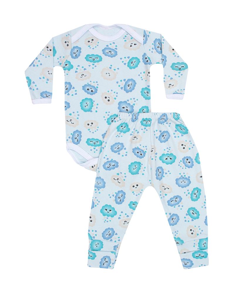 Conjunto De Body e Calça Nuvens Branca e Verde Claro