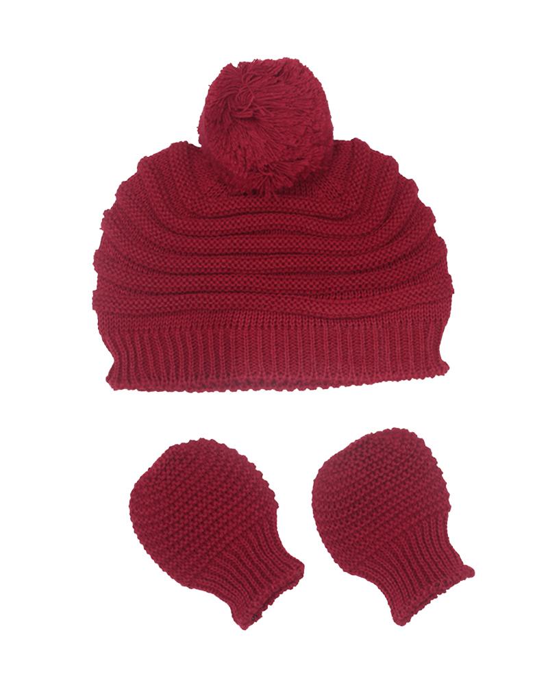 Kit De Touca Com Par De Luvinhas Em Tricot Vermelho Bordô - 2 Unidades