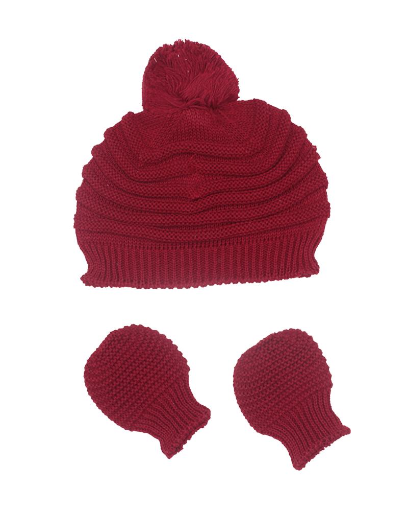 Kit De Touca Com Par De Luvinhas Em Tricot Vermelho Bordô - 2 Unidades