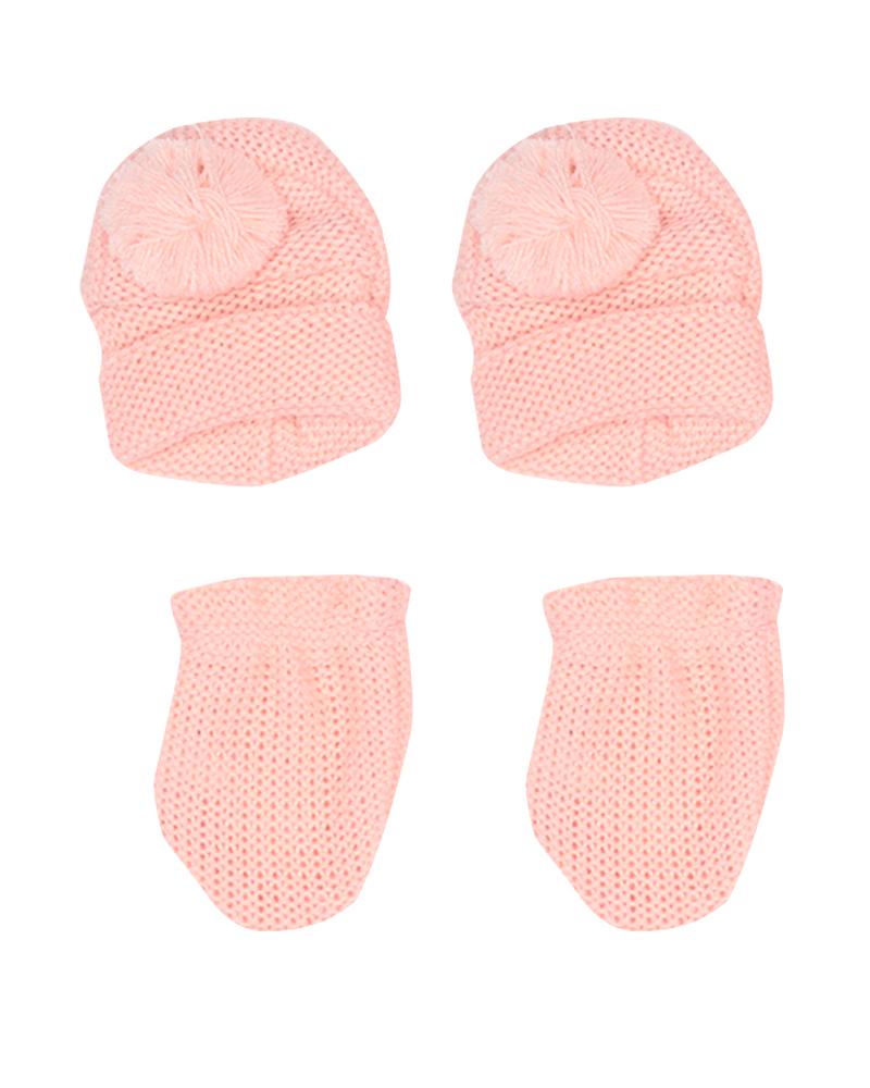 Kit De Par De Luvinhas e Par De Sapatinhos Em Tricot Salmão - 2 Unidades