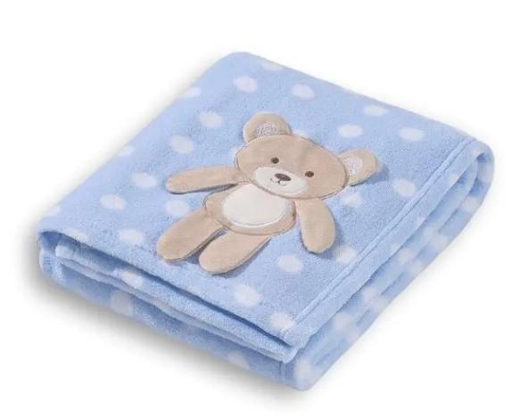 Manta Soft Poá Com Estampa Ursinho Azul e Branca