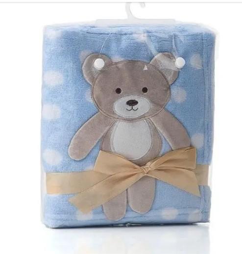 Manta Soft Poá Com Estampa Ursinho Azul e Branca