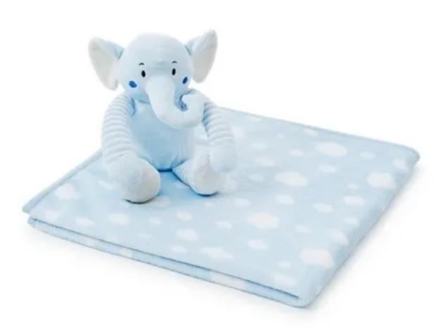 Manta Soft Com Elefante De Pelúcia Azul Bebê e Branca