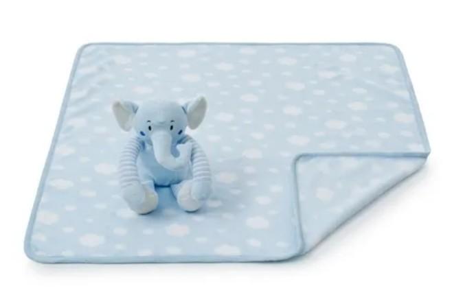 Manta Soft Com Elefante De Pelúcia Azul Bebê e Branca