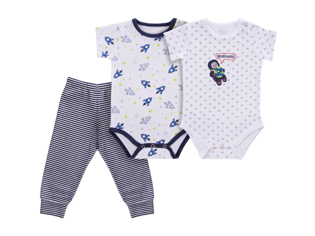 Kit De Bodies e Mijão Astronauta e Foguetes Branco e Azul Marinho - 3 Peças