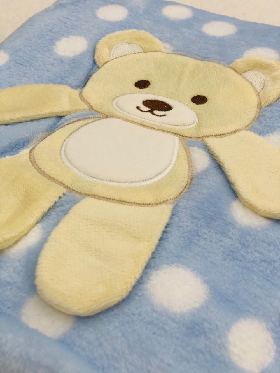 Manta Soft Poá Com Estampa Ursinho Azul e Branca
