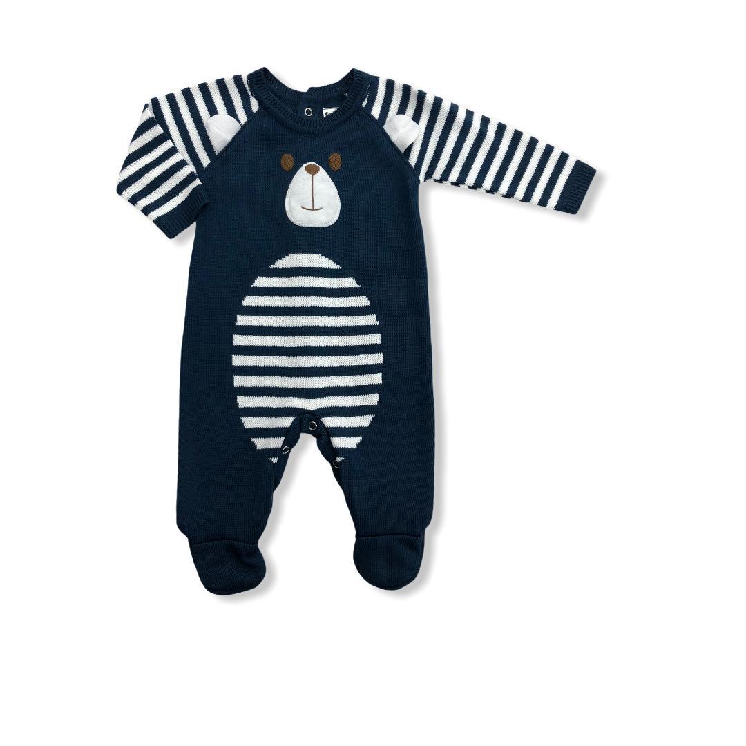 Macacão Em Tricot Listrado Azul Marinho e Branco