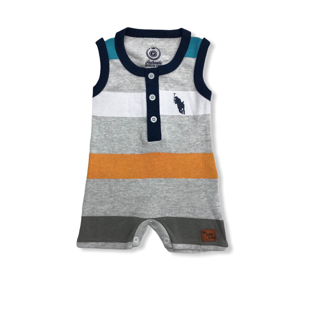 Macaquinho Listrado Em Suedine Cinza e Preto