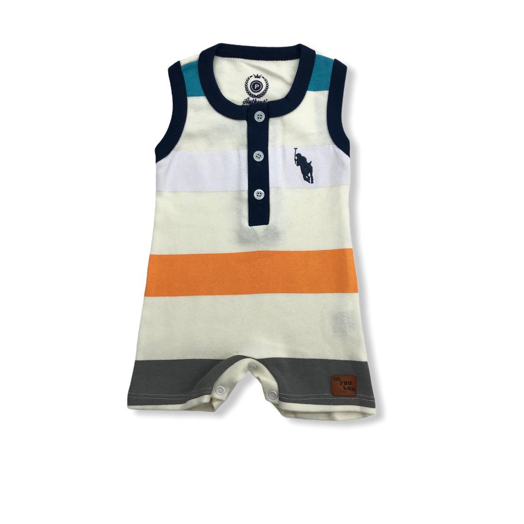 Macaquinho Listrado Em Suedine Bege Claro e Preto