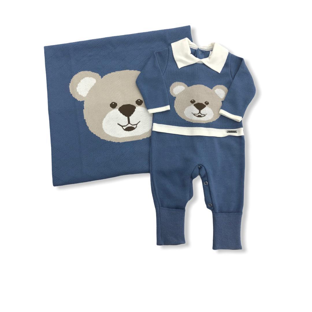 Saída Maternidade Ursinho Azul Jeans e Branca - 2 Peças