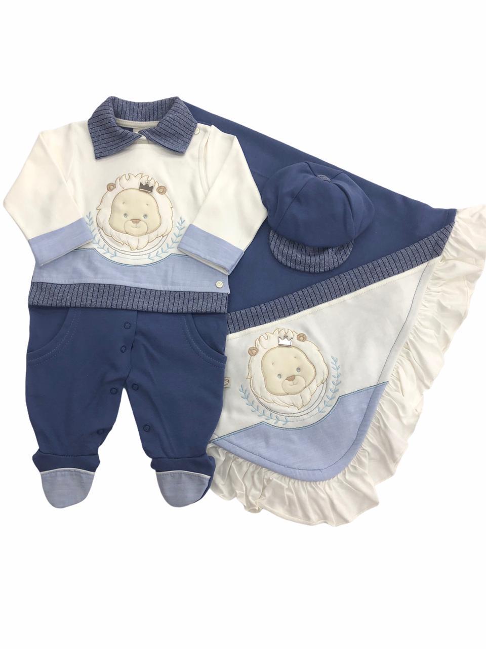 Saída Maternidade Leãozinho Azul Escuro e Branca - 3 Peças