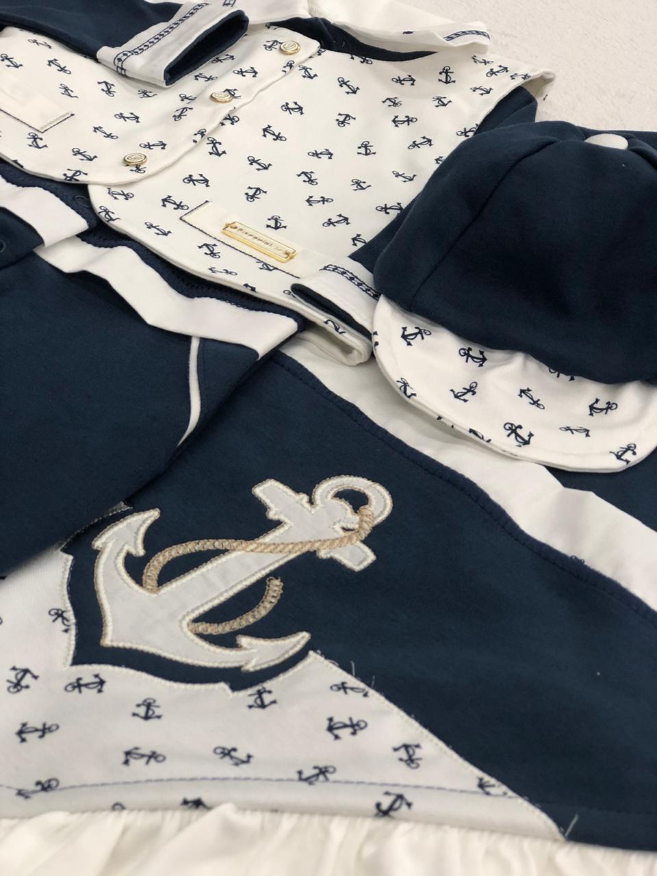Saída Materinidade Âncoras Azul Marinho e Branca - 4 Peças