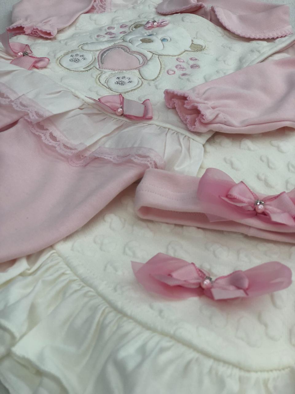 Saída Maternidade Ursinha Rosa Claro e Branca - 3 Peças