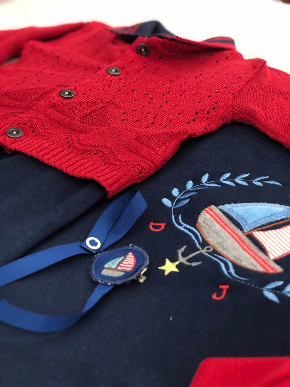 Saída Maternidade Tricot Navio Azul Marinho e Vermelha - 5 Peças