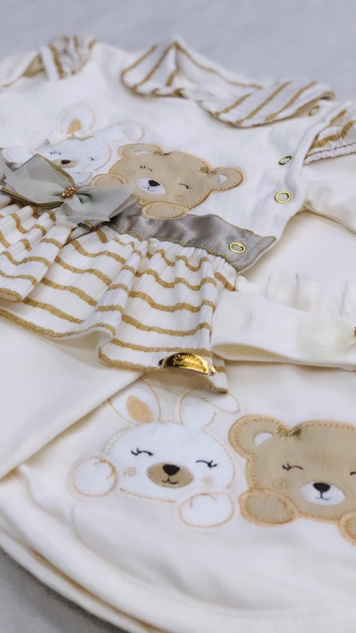 Saída Maternidade Bichinhos Off White e Bege - 3 Peças