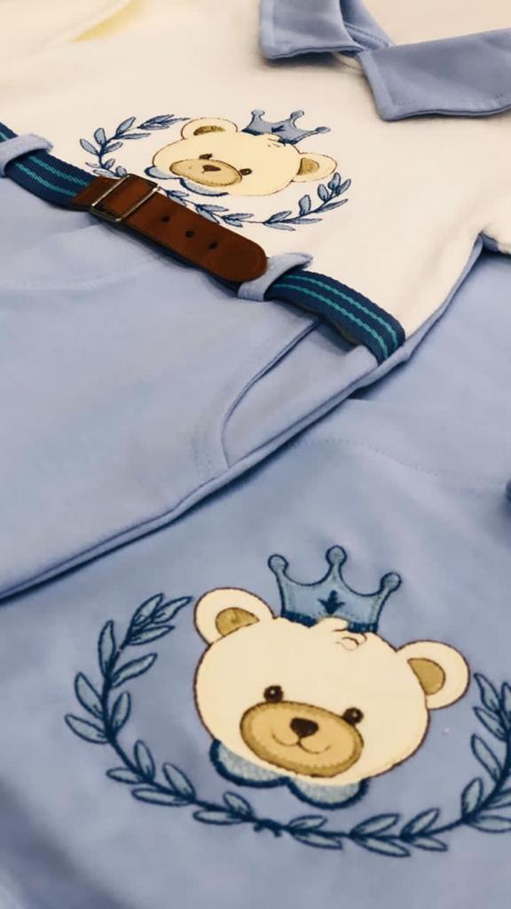 Saída Maternidade Ursinho Azul Claro e Off White - 3 Peças