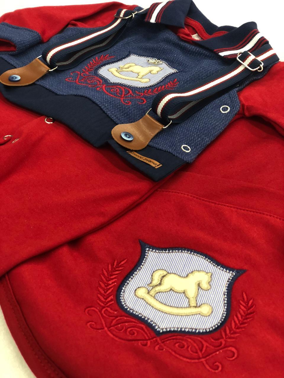 Saída Maternidade Cavalinho Vermelha e Azul Escuro - 3 Peças