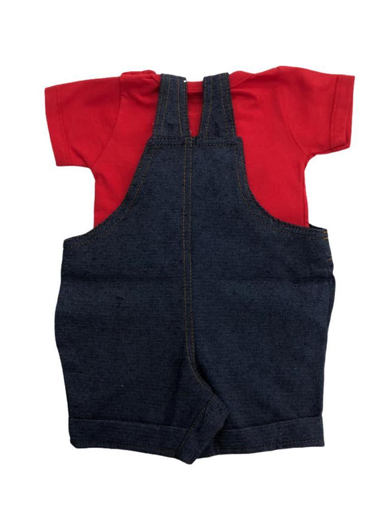 Macaquinho Jeans Cachorrinho Com Camiseta Azul Escuro e Vermelho - 2 Peças