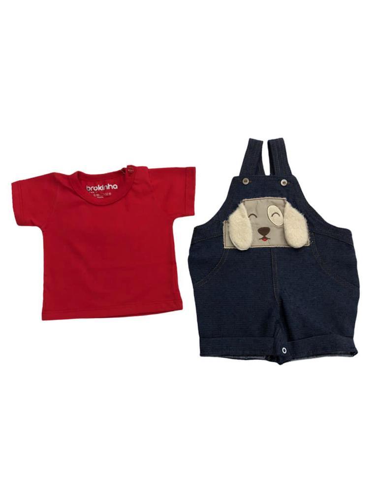 Macaquinho Jeans Cachorrinho Com Camiseta Azul Escuro e Vermelho - 2 Peças